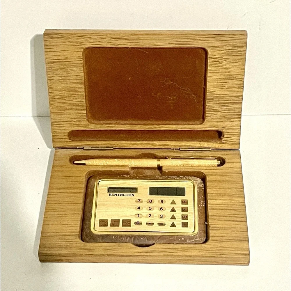 Vintage Remington Solar Calculator and matching Pen in Wood Box